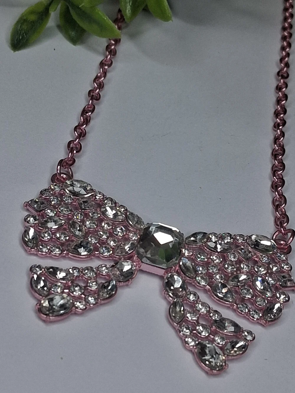 Pink Bow And Rhinestone  Statement Necklace